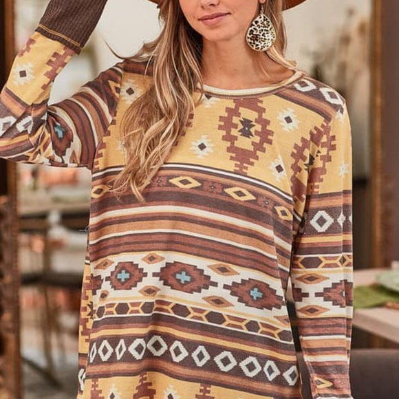BiBi Tops - 3. Earth Tone Aztec Print Top with Thumbholes